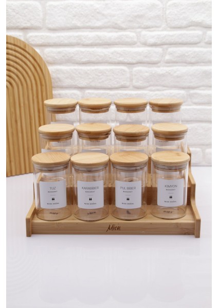 Bambu Stant'lı & 12'li Cam Baharatlık Seti 300ML modelleri