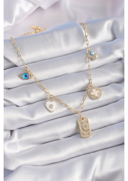 Zarif Kadın Için Golden Zirkonlu Çoklu Tip Şans Kolyesi