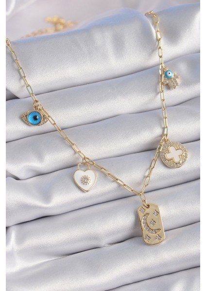 Zarif Kadın Için Golden Zirkonlu Çoklu Tip Şans Kolyesi fiyatları