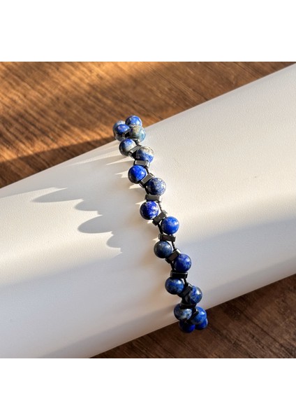 Doğal Taş Bileklik Çift Sıra Lapis Hematit Makrome Unisex Bileklik 6 mm Mavi