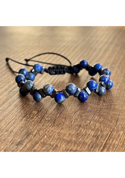 Doğal Taş Bileklik Çift Sıra Lapis Hematit Makrome Unisex Bileklik 6 mm Mavi fiyatları