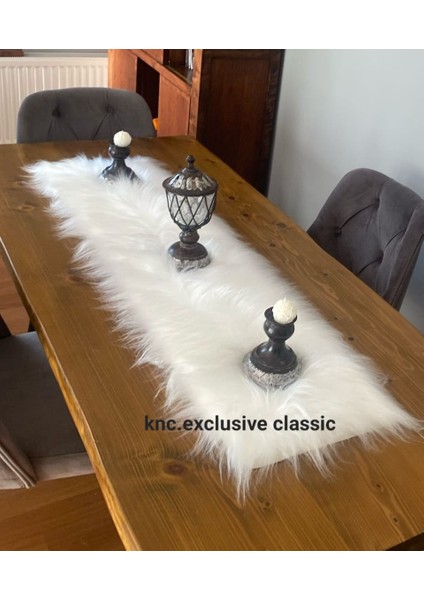 Beyaz Kürklü Peluş Masa Örtüsü Şık Dekoratif Lüks Elegant Modern Dekoratif Runner