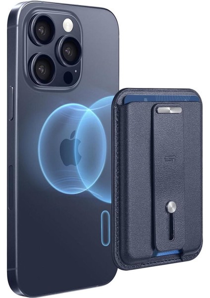 Apple iPhone Standlı Cüzdan HaloLock MagSafe Parmak Halkalı – Mavi