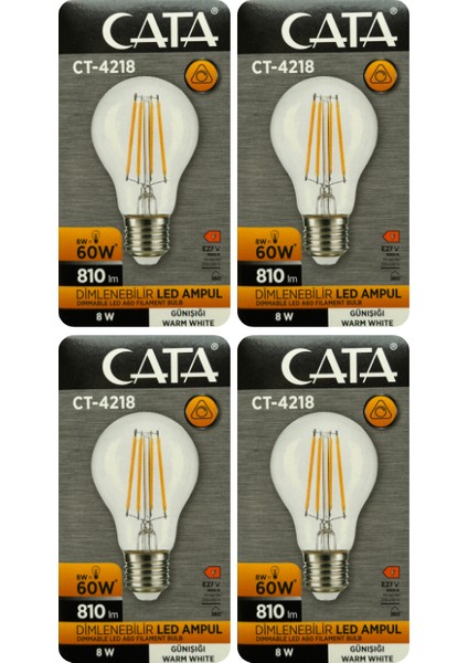 (4 Adet) Cata CT-4218 8W (60W) 3000K (Sarı Işık) Dim Edilebilir E27 Duylu (Kalın Duy) LED Filament Ampul