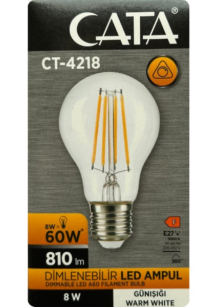 (4 Adet) Cata CT-4218 8W (60W) 3000K (Sarı Işık) Dim Edilebilir E27 Duylu (Kalın Duy) LED Filament Ampul