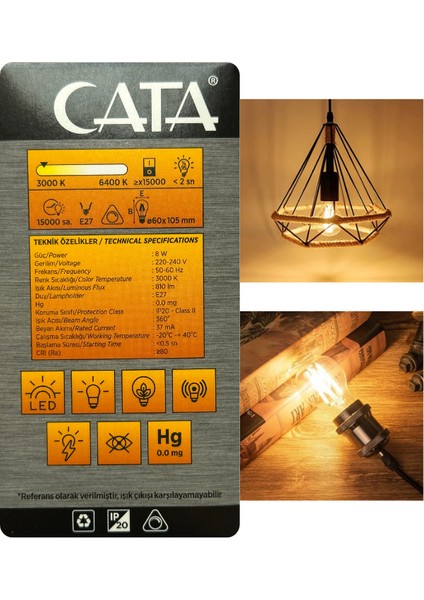 (4 Adet) Cata CT-4218 8W (60W) 3000K (Sarı Işık) Dim Edilebilir E27 Duylu (Kalın Duy) LED Filament Ampul