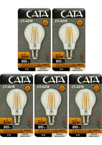 (5 Adet) Cata CT-4218 8W (60W) 3000K (Sarı Işık) Dim Edilebilir E27 Duylu (Kalın Duy) Led Filament Ampul