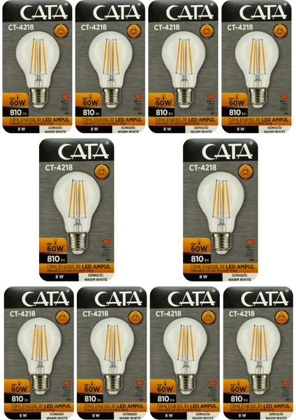 (10 Adet) Cata CT-4218 8W (60W) 3000K (Sarı Işık) Dim Edilebilir E27 Duylu (Kalın Duy) Led Filament Ampul