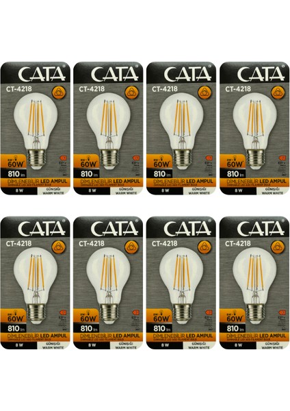 (8 Adet) Cata CT-4218 8W (60W) 3000K (Sarı Işık) Dim Edilebilir E27 Duylu (Kalın Duy) Led Filament Ampul