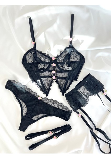 Alessa Siyah Brode Büstiyer Jartiyer Takım 5 Parça