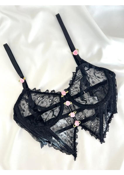 Alessa Siyah Brode Büstiyer Jartiyer Takım 5 Parça modelleri