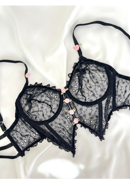 Alessa Siyah Brode Büstiyer Jartiyer Takım 5 Parça fırsatları