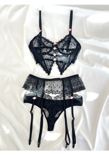 Alessa Siyah Brode Büstiyer Jartiyer Takım 5 Parça indirimleri