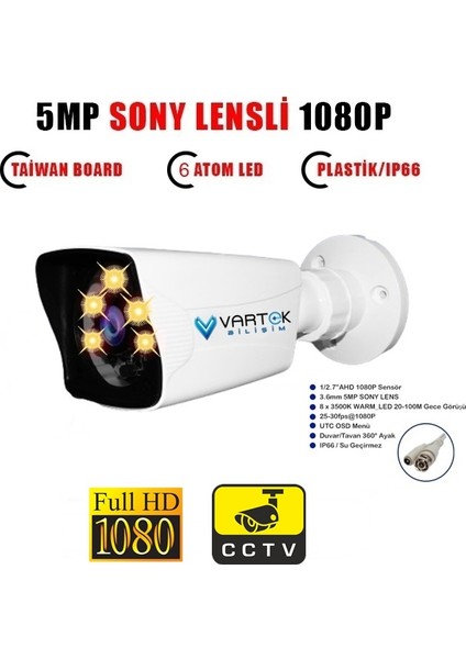 Gece Renkli - 5mp Lens 1080P Fullhd Ahd Güvenlik Kamerası - 6xultra Led - Plastik Kasa