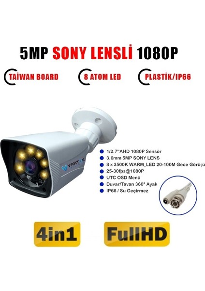 Gece Renkli - 5mp Lens 1080P Fullhd Ahd Güvenlik Kamerası - 6xultra Led - Plastik Kasa