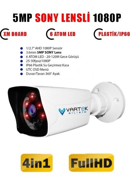 5mp Lensli 1080P 6 Atom Led Gece Görüşlü Su Geçirmez Plastik Kasa Fullhd Güvenlik Kamerası
