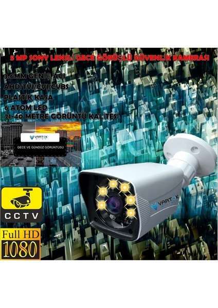 Gece Renkli - 5mp Lens 1080P Fullhd Ahd Güvenlik Kamerası - 6xultra Led - Plastik Kasa