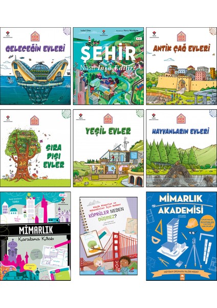Mimarlık Karalama Kitabı/Mimarlık Akademisi/Şehir Nasıl Inşa Edilir?/Köprüler Neden Düşmez?/Geleceğin Evleri/Antik Çağ Evleri/Sıradışı Evler/Yeşil Evler/Hayvanların Evleri/9'lu Set