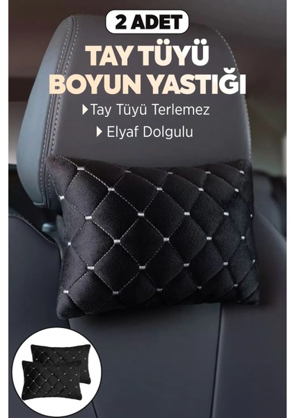 2'li Lüks Ortopedik Tay Tüylü Beyaz Dikişli Oto Boyun Yastığı