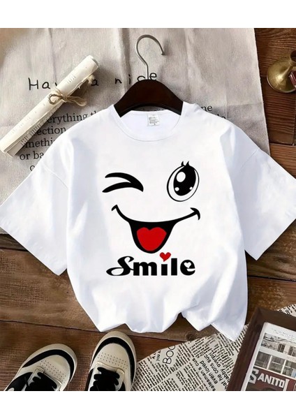 Punıx Kıds Özel Üretim Smile Baskılı Yeni Stil Kız Çocuk Ter Tutmayan Yazlık T-Shırt