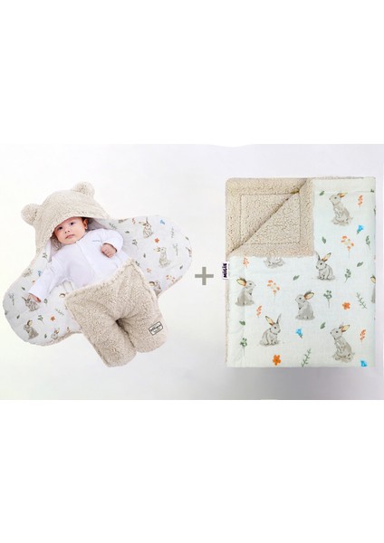 0-4 Ay Bebek Dış Kundak ve Battaniye Seti Wellsoft Bej (Tavşan Desenli)