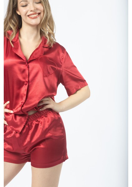 Saten Ön ve Arka Tarafı Kalp Detaylı Alt- Üst Takım Pijama
