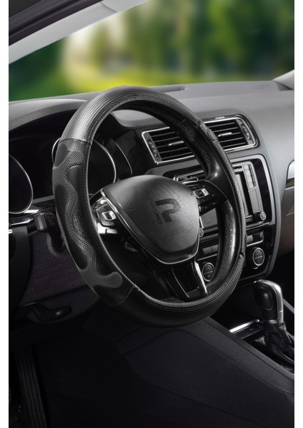 3D Silikon-Karbon Lüks Geçmeli Direksiyon Kılıfı / Siyah Füme