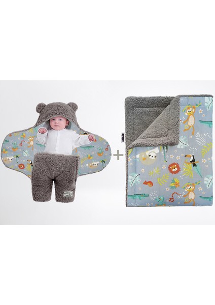0-4 Ay Bebek Dış Kundak ve Battaniye Seti Wellsoft Gri (Orman Hayvanları Desenli)