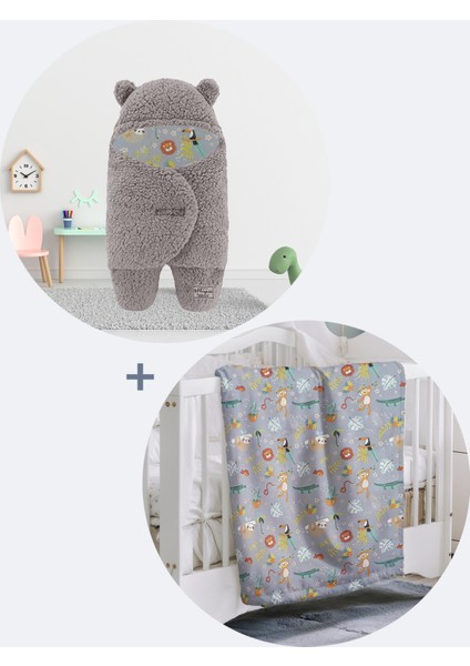 0-4 Ay Bebek Dış Kundak ve Battaniye Seti Wellsoft Gri (Orman Hayvanları Desenli) modelleri