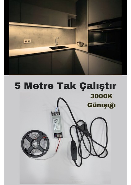 Mutfak Dolabı Için 5 Mt. Şerit LED 12V Adaptör Aç Kapa Anahtarlı / Günışığı Renk