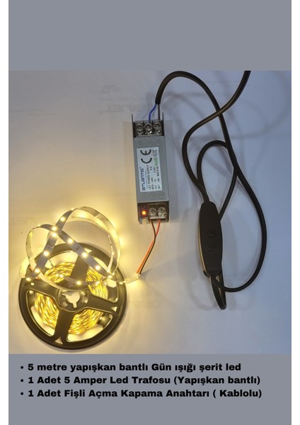 Mutfak Dolabı Için 5 Mt. Şerit LED 12V Adaptör Aç Kapa Anahtarlı / Günışığı Renk