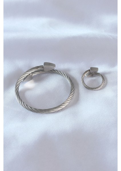 Bakımlı Erkek Için Silver Çelik Burgu Bileklik Yüzük Seti