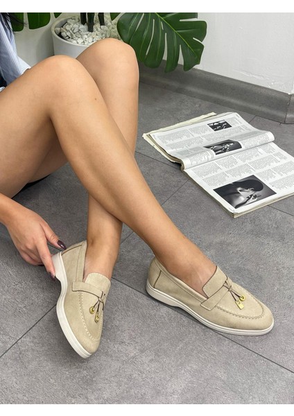 3136 Model Rahat Deri Kolej Tipi Makosen Süet Bej Loafer Ayakkabı