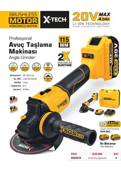 SGS5510 Profesyonel 115MM Akülü Avuç Taşlama Makinası Kömürsüz Motor 20 Volt 4 Amper fiyatları