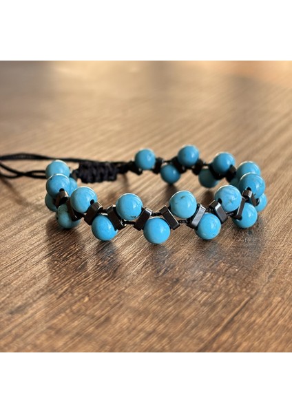 Doğal Taş Bileklik Çift Sıra Turkuaz Hematit Makrome Unisex Bileklik 6 mm fiyatları