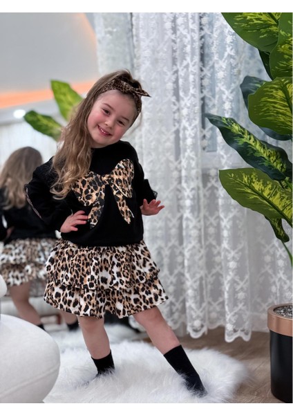 Kız Çocuk Uzun Kollu Leopar Desenli Kışlık Salopet Bayramlık Elbise (3-4-5-6-7-8-9-10 Yaş)