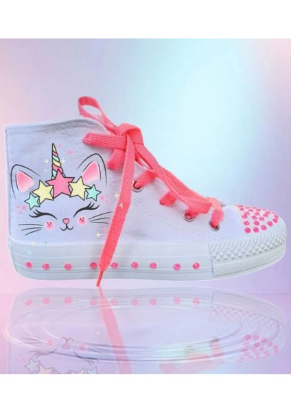 Beyaz Keten Hello Yüz Unicorn Baskılı Renkli Taşlı Çocuk Spor Ayakkabı Sneaker