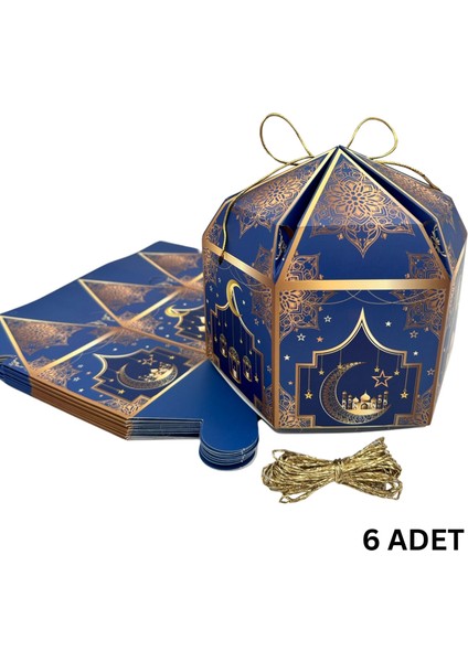 6lı Ramazan Hediye Kutusu & Altın Ip Seti (10M), Kandil, Şeker ve Çikolata Kutusu, 16 x 16 x 10 cm