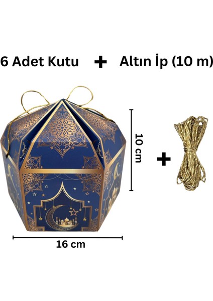 6lı Ramazan Hediye Kutusu & Altın Ip Seti (10M), Kandil, Şeker ve Çikolata Kutusu, 16 x 16 x 10 cm