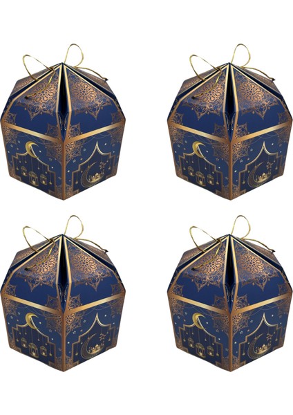 6lı Ramazan Hediye Kutusu & Altın Ip Seti (10M), Kandil, Şeker ve Çikolata Kutusu, 16 x 16 x 10 cm