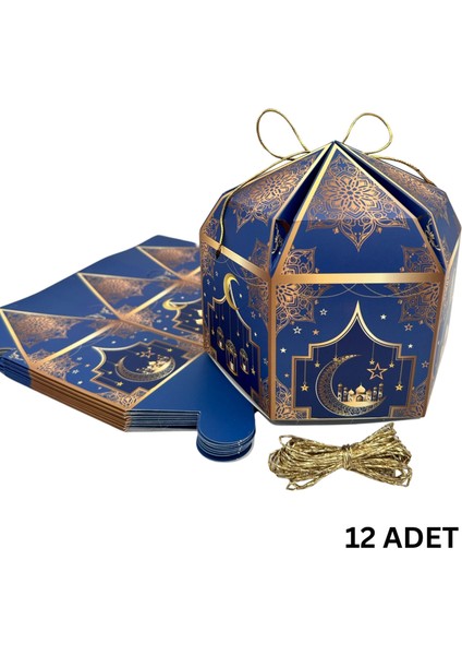12LI Ramazan Hediye Kutusu & Altın Ip SETI(10M), Kandil, Şeker ve Çikolata Kutusu, 16 x 16 x 10 cm