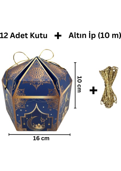 12LI Ramazan Hediye Kutusu & Altın Ip SETI(10M), Kandil, Şeker ve Çikolata Kutusu, 16 x 16 x 10 cm