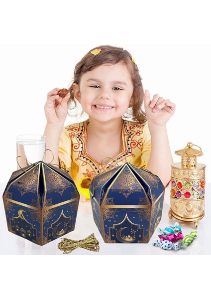 12LI Ramazan Hediye Kutusu & Altın Ip SETI(10M), Kandil, Şeker ve Çikolata Kutusu, 16 x 16 x 10 cm