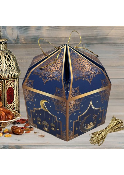 12LI Ramazan Hediye Kutusu & Altın Ip SETI(10M), Kandil, Şeker ve Çikolata Kutusu, 16 x 16 x 10 cm