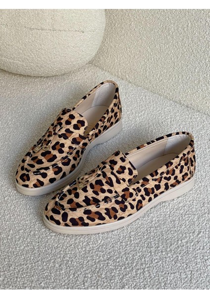 3136 Model Rahat Deri Kolej Tipi Makosen Süet Leopar Loafer Ayakkabı