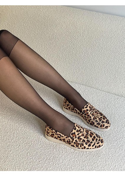 3136 Model Rahat Deri Kolej Tipi Makosen Süet Leopar Loafer Ayakkabı
