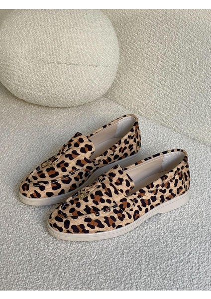 3136 Model Rahat Deri Kolej Tipi Makosen Süet Leopar Loafer Ayakkabı