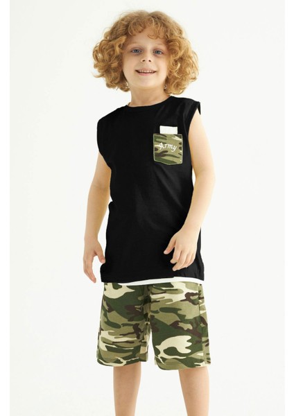 Erkek Çocuk Kamuflaj Baskılı Cepli Kaprılı Takım 2-9 Yaş