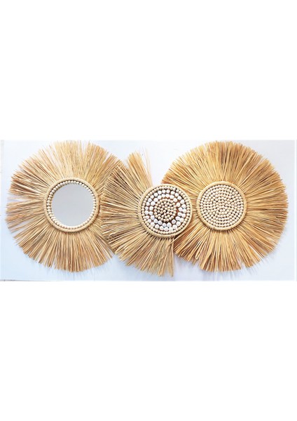 3 Lü Ayna Seti Yelpaze Duvar Süsü Boncuk Ayna Bohem Ayna El Yapımı Ayna Rafya