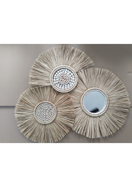 3 Lü Ayna Seti Yelpaze Duvar Süsü Boncuk Ayna Bohem Ayna El Yapımı Ayna Rafya modelleri